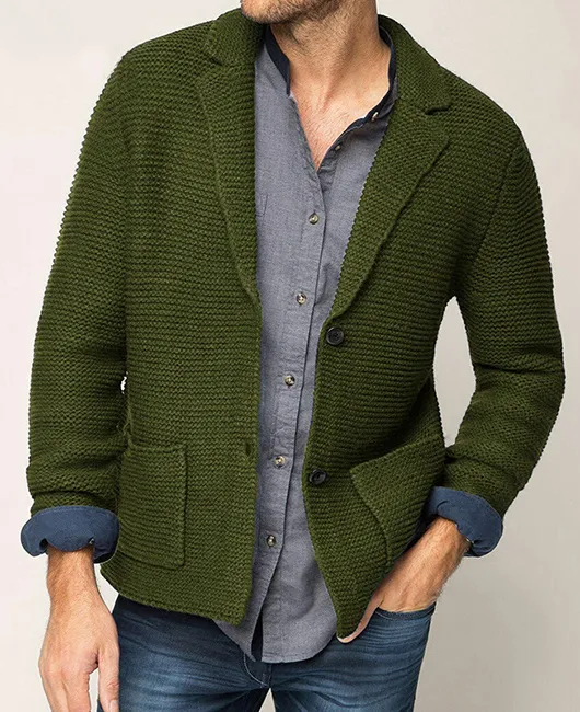 Knitted Notch Lapel Two Buttons Pockets Sweater