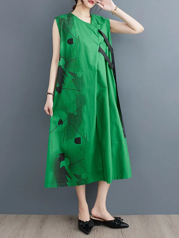 Loose Sleeveless Printed Round-Neck Midi Dresses