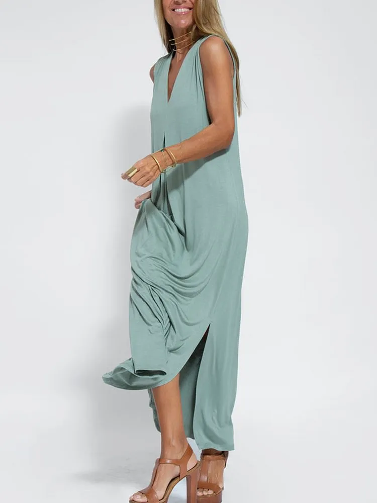 Women Casual Solid Color Sleeveless Maxi Dress