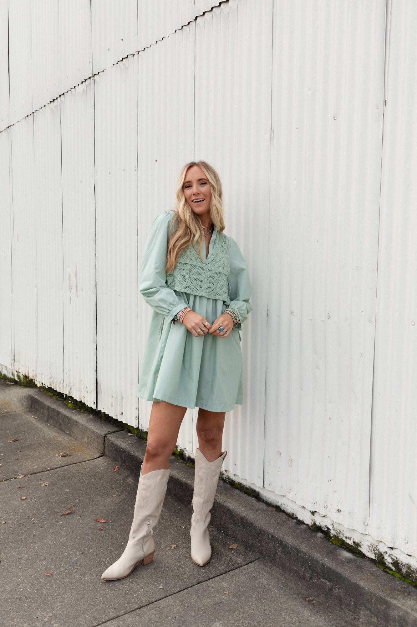 Sweet Edge Crochet Vest Tunic Dress - Sage