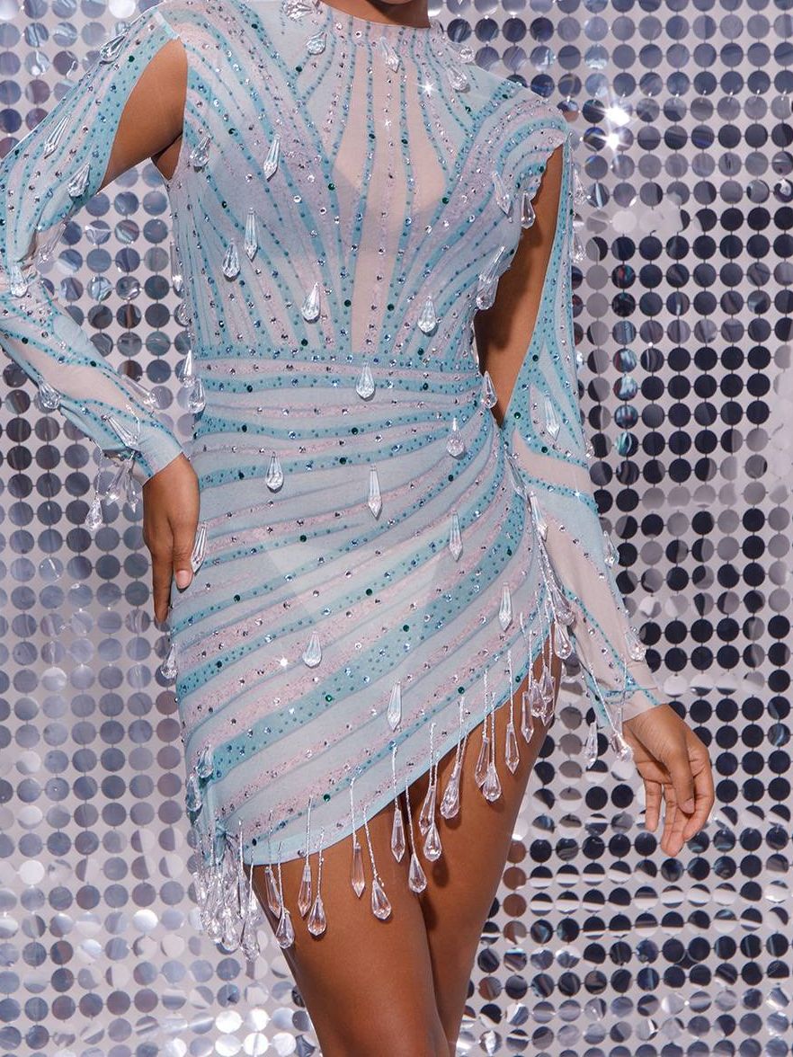 Crew Long Sleeve Embellished Mini Dress In Light Nude & Teal