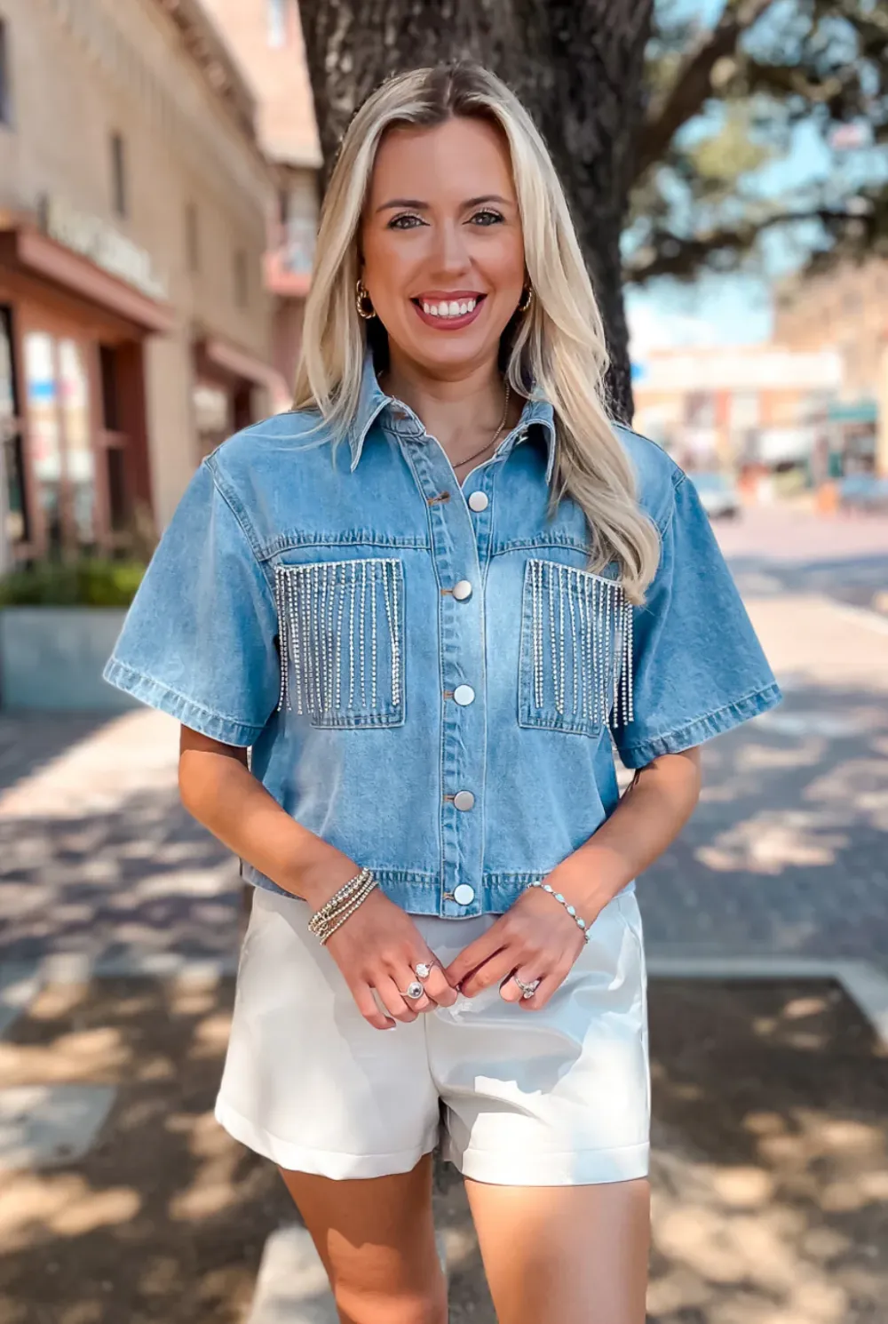 Rhinestone Fringe Short Sleeve Denim Top