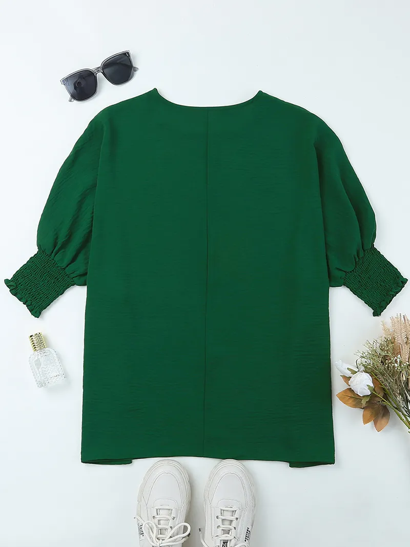 Green Smocked Wrist Shift Top