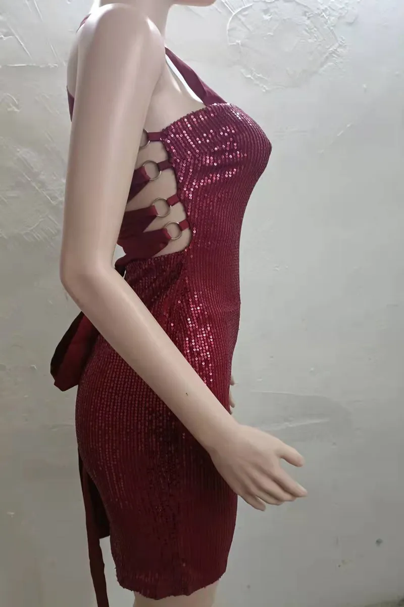 Burgundy Sexy Patchwork Sequins Backless Strap Design Spaghetti Strap Sleeveless Dress