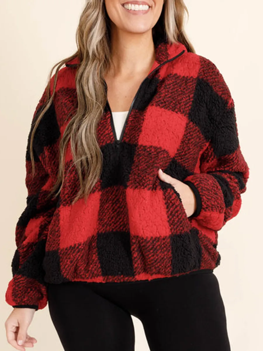 Red plaid zippered pocket hoodie