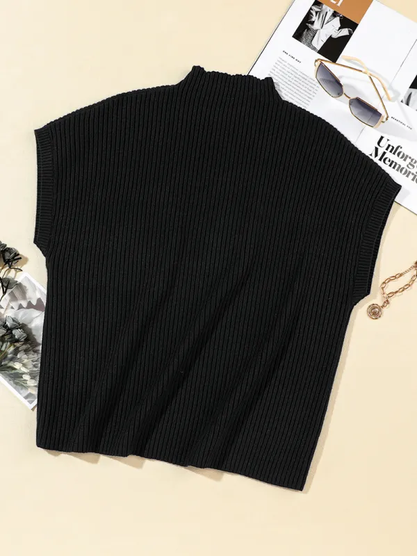 Black Patch Pocket Ribbed Knit Short Sleeve Sweater