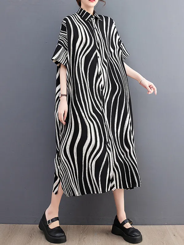 Raglan Sleeve Oversize Zebra-Stripe Split-Joint Lapel Midi Dresses Shirt Dress