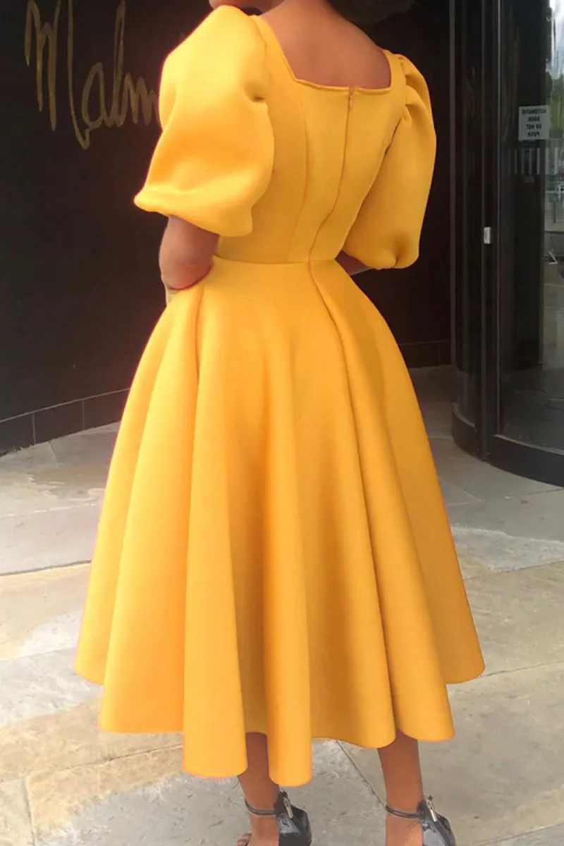 Yellow Elegant Solid Patchwork Square Collar Evening Dress Dresses