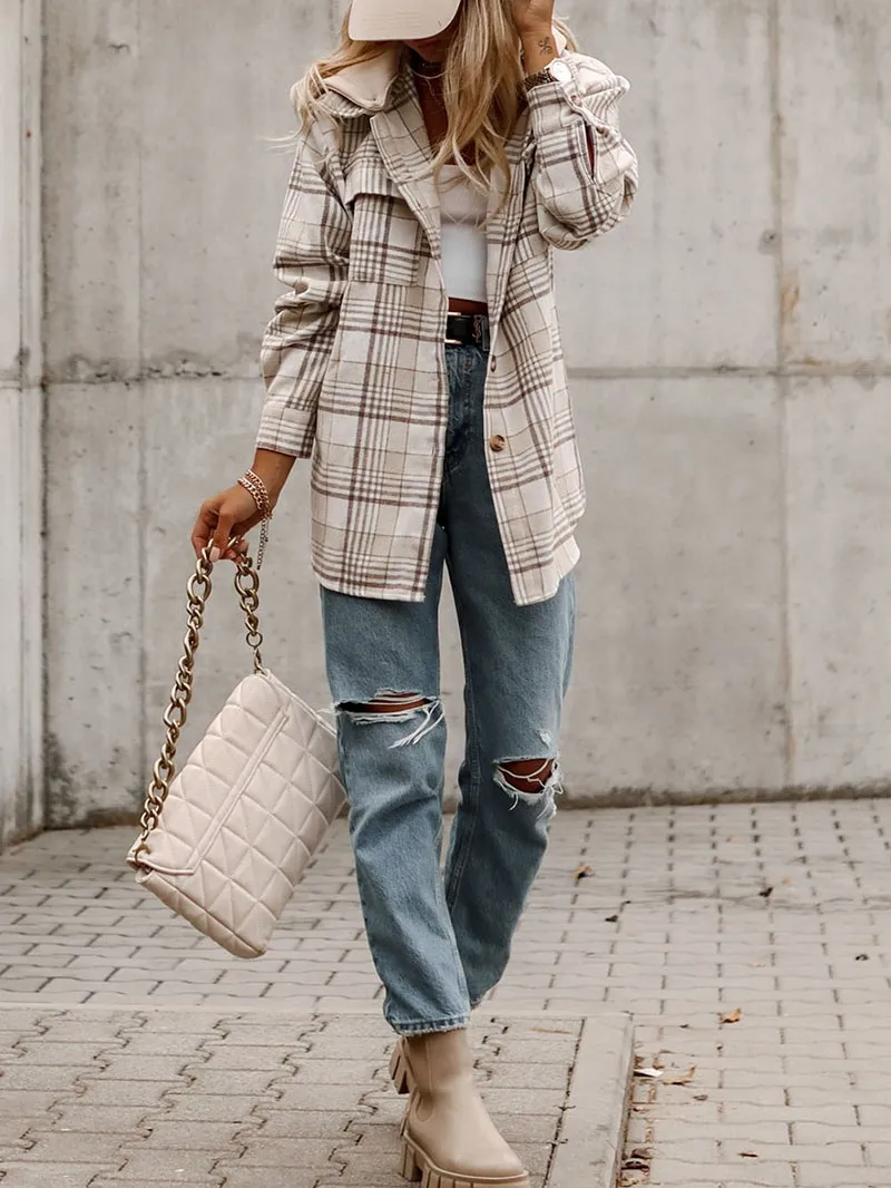 Khaki Plaid Removable Hood Buttoned Shacket