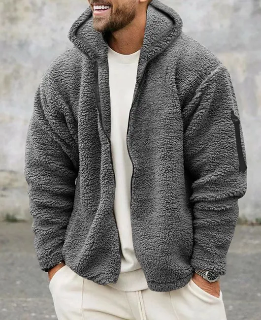 Daily Solid Zipper Pocket Warm Hooded Fleece Jacket