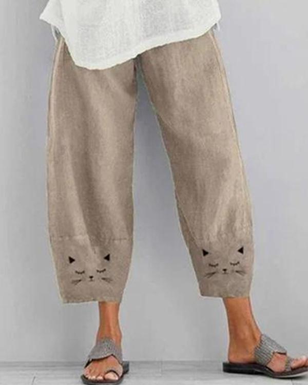 Cotton And Linen Cat Print Cropped Pants