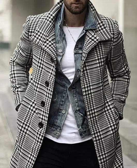 Plaid & Houndstooth Pattern Lapel Overcoat