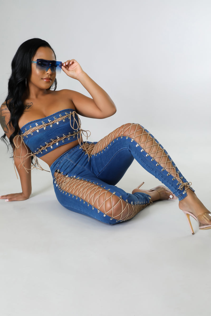 Denim Tube Top Lace up Pants Set