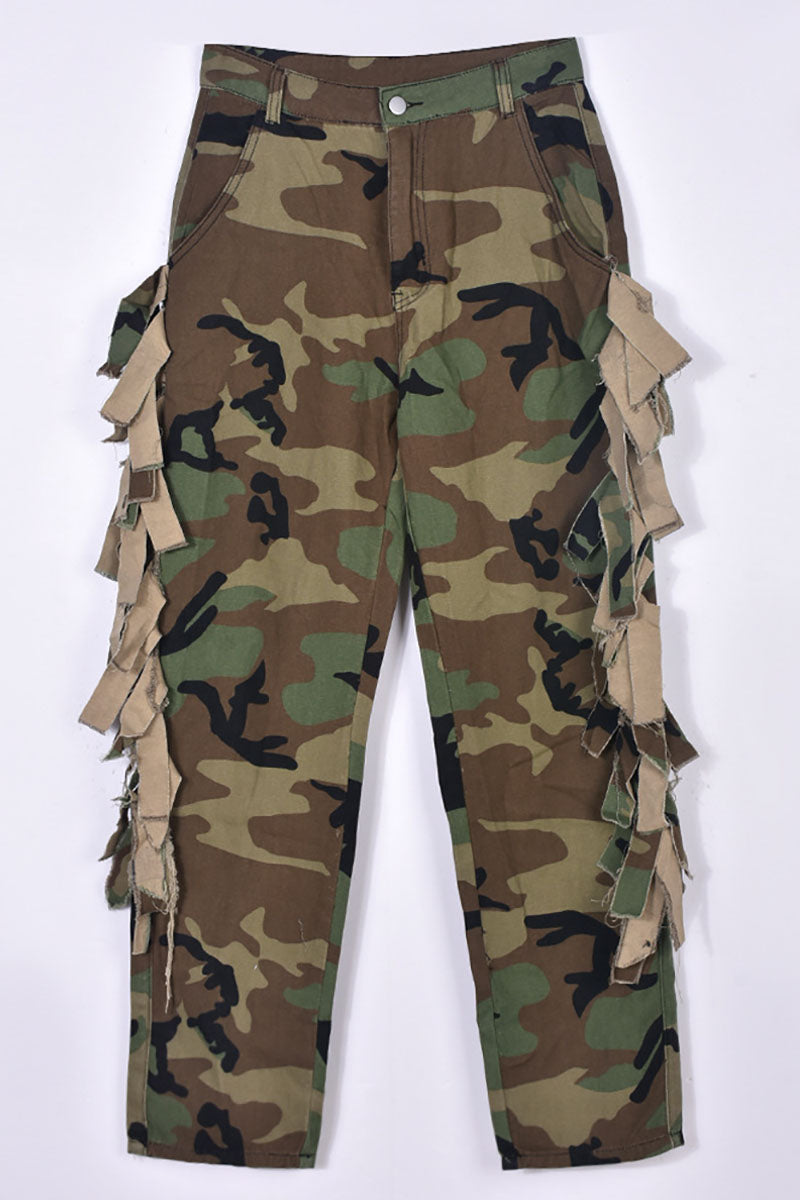 Fringed Camo Print Tied Waist Pocket Casual Pants