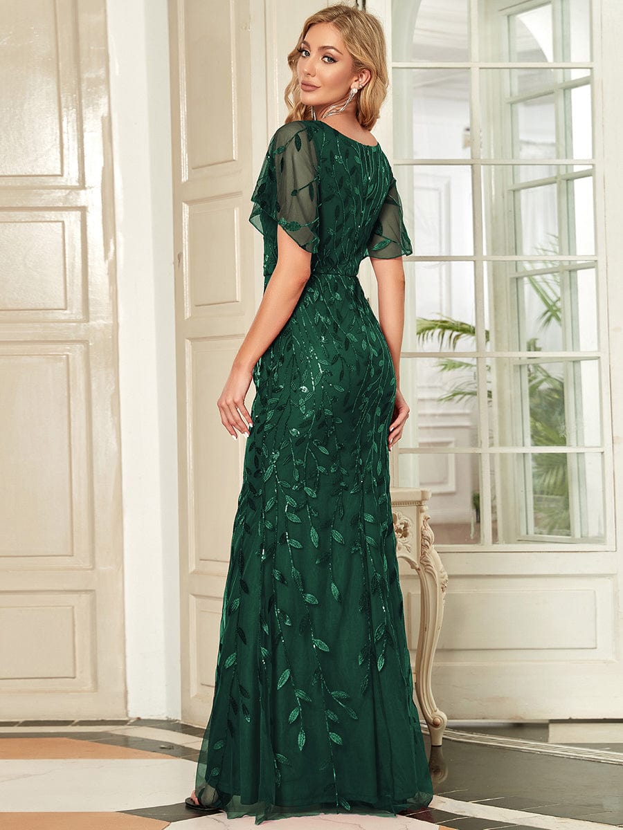 Gorgeous V Neck Leaf-Sequined Fishtail Wholesale Evening Dress