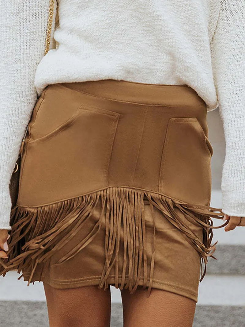 TASSEL ZIPPED POCKETS HIGH WAIST MINI SKIRT