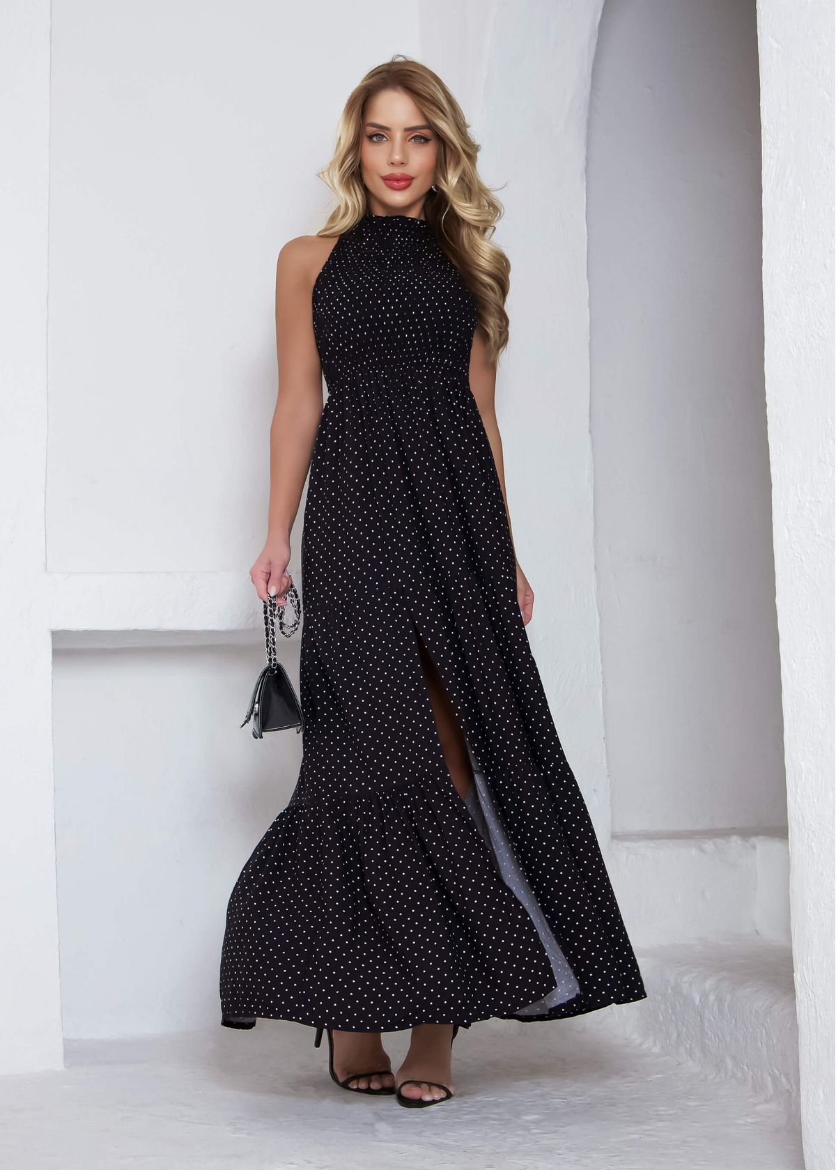 Polka Dot Halter Long Dress - M;Black