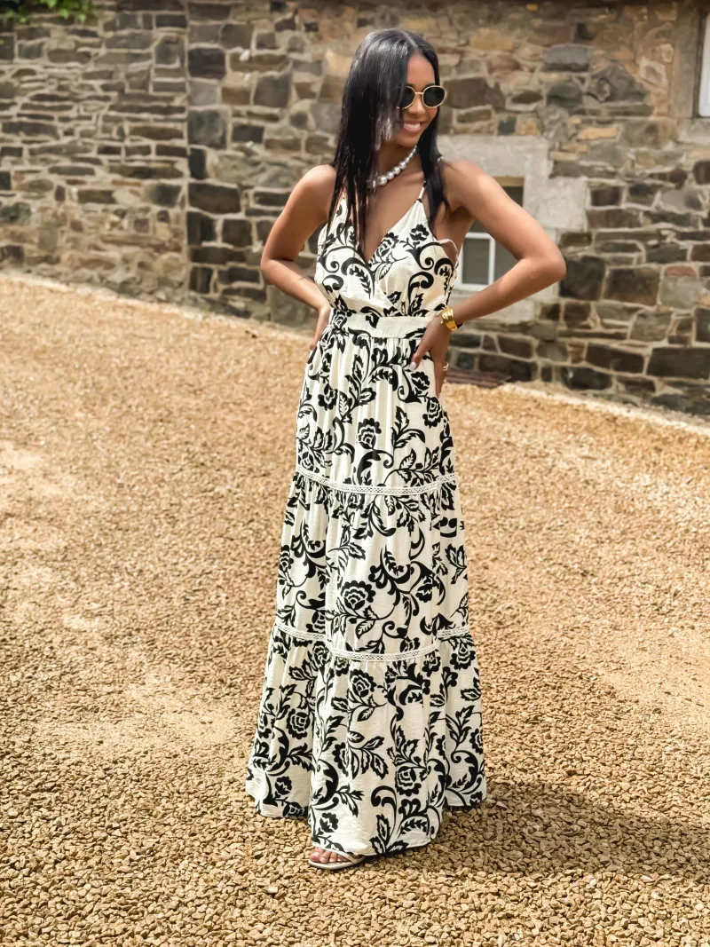 NATALIA FLORAL MAXI DRESS - CREAM/BLACK