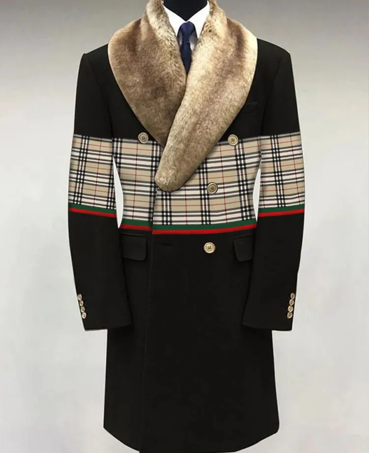 OK Retro Plaid Patchwork Fuzzy Collar Long Coat