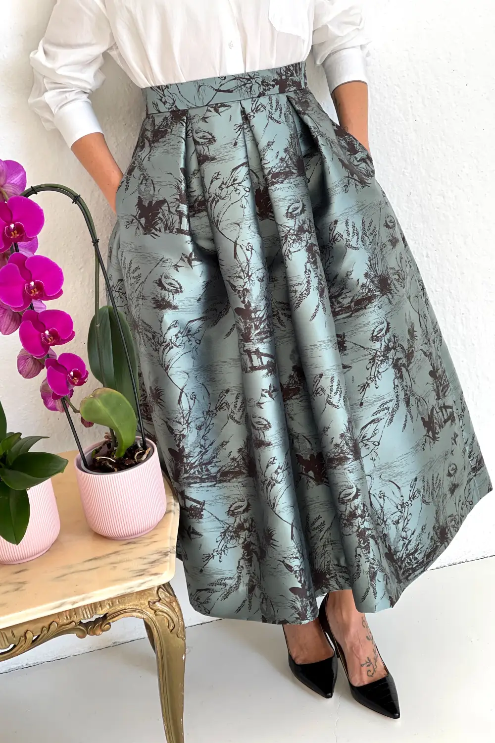 Gonna midi Toile de Jouy Grey