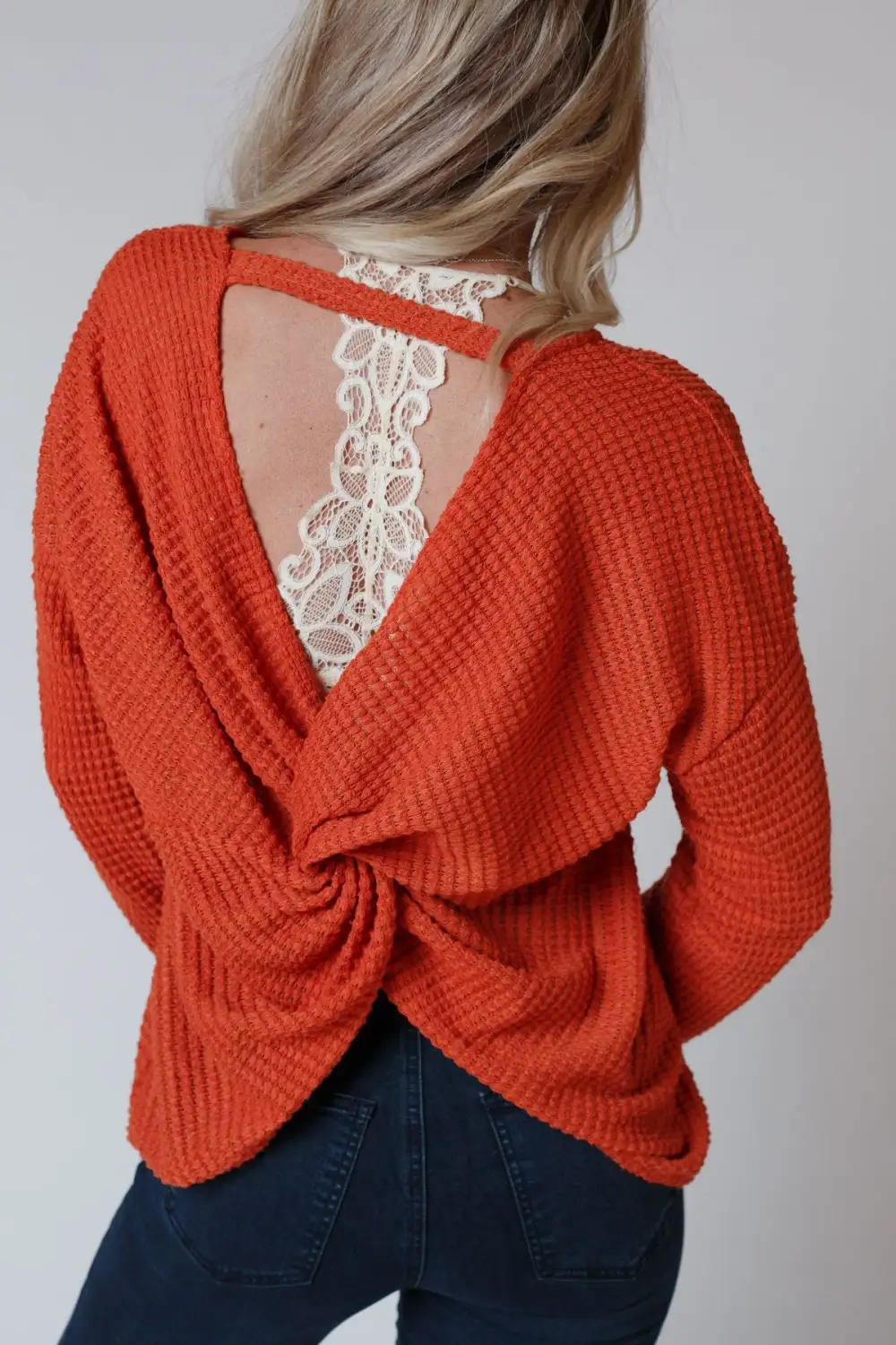 Flattering Open Back Thermal Knit Top - Rust