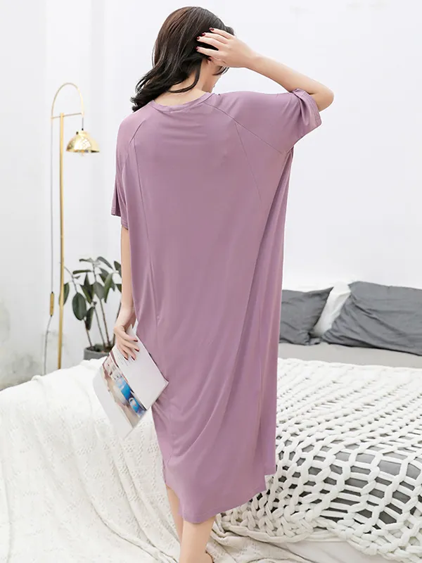 Simple Loose Half Sleeves Solid Color Round-Neck Pajamas Dress