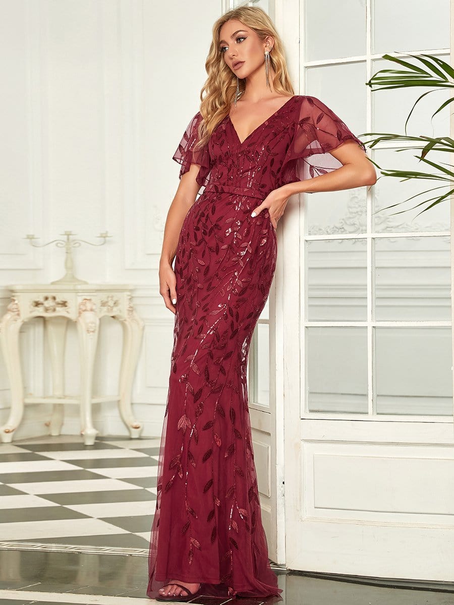 Gorgeous V Neck Leaf-Sequined Fishtail Wholesale Party Dress