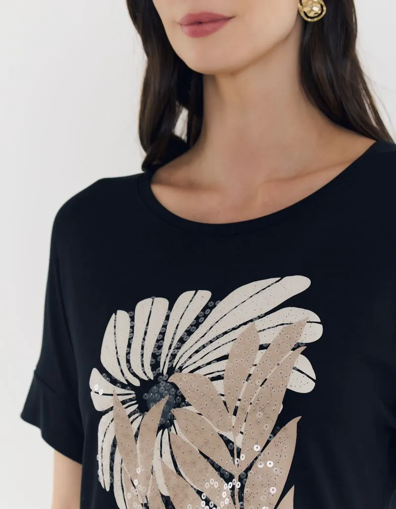 Silk Embroidered Sequin Blouse - Black