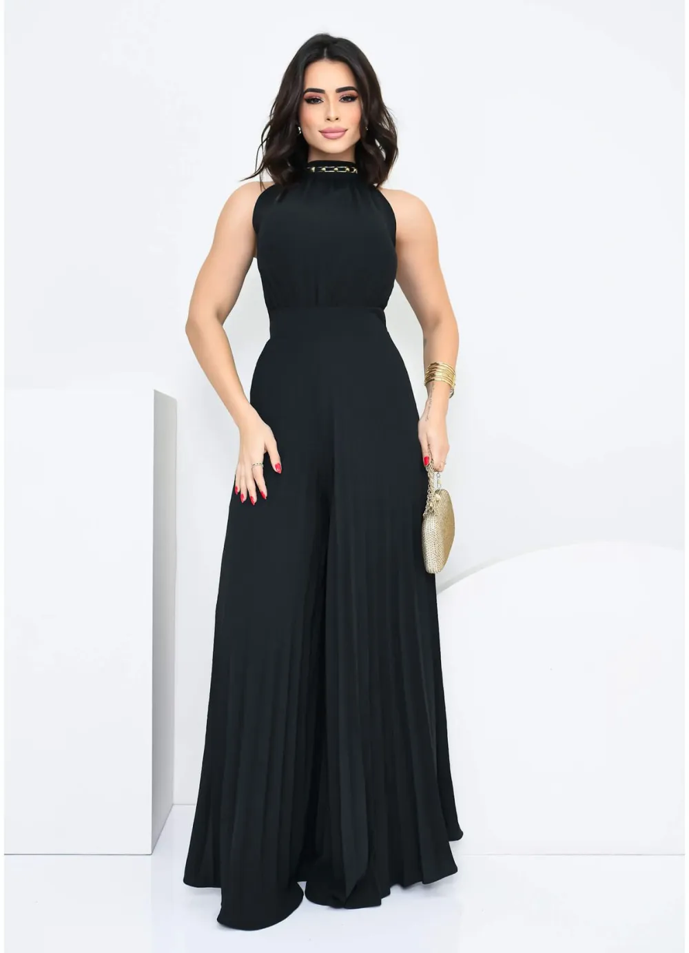 PLEATED WIDE LEG JUMPSUIT WITH TIE BACK