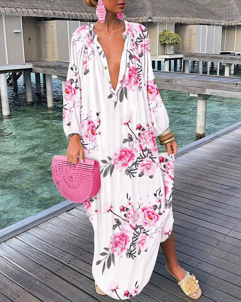 Women Printed V-Neck Long Sleeve Long Dress