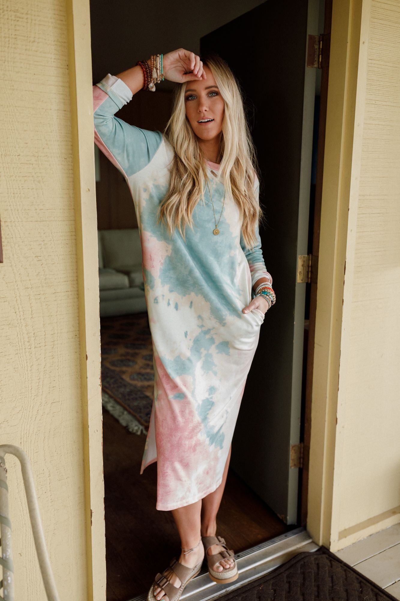 Soul Shine Pocketed Tie Dye Midi Dress - Sage