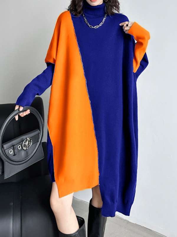 Batwing Sleeves Long Sleeves Asymmetric Contrast Color Split-Joint High Neck Midi Dresses Sweater Dresses