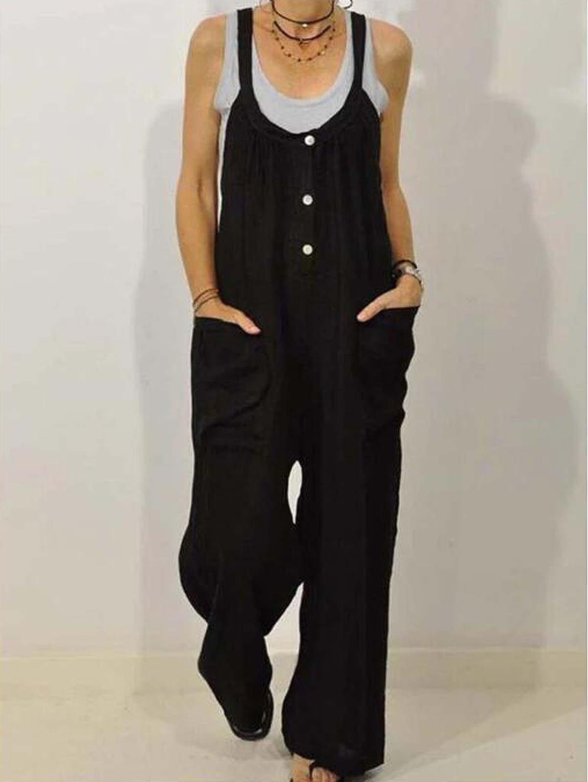 Dual Pocket Button Wide Leg Overall  Jumpsuit Without Top