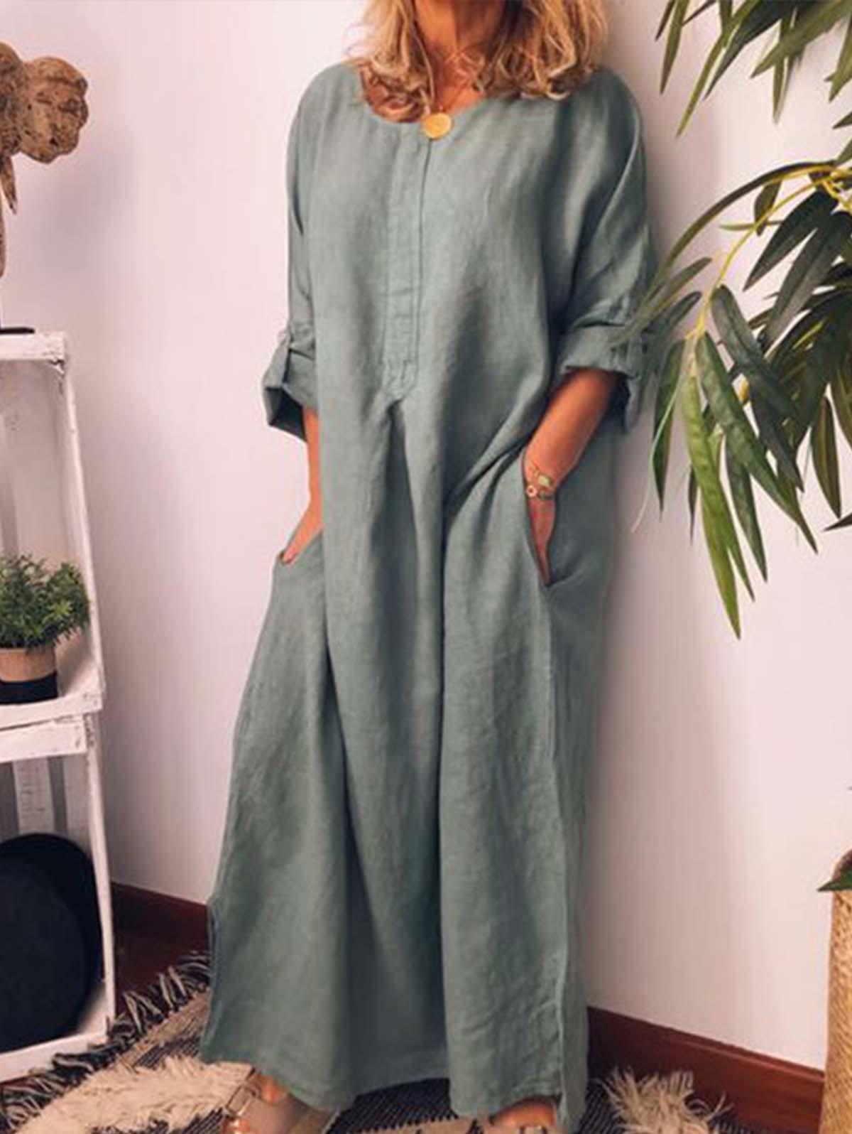 Solid Roll Cuff Pocket Side Cotton And Linen Maxi Dress