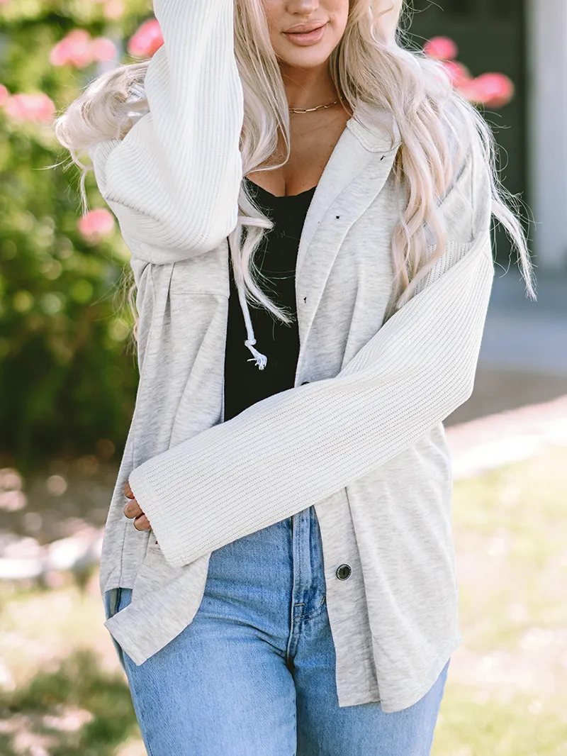 Gray Button Up Contrast Knitted Sleeves Hooded Jacket