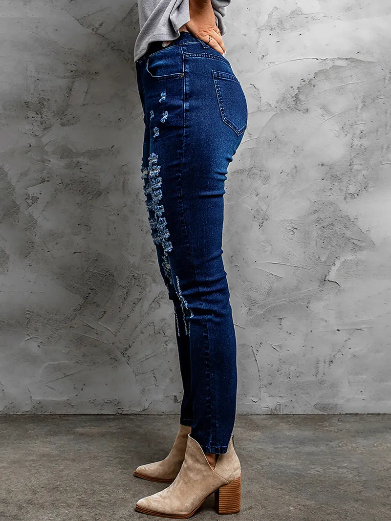 Women's ripped solid color pencil jeans