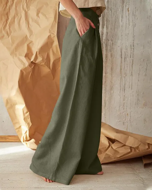 Casual Button Linen Wide-Leg Pants