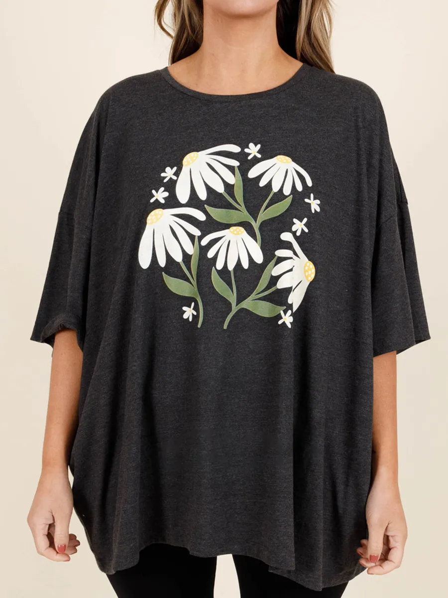 Flower and plant printed short sleeved T-shirt