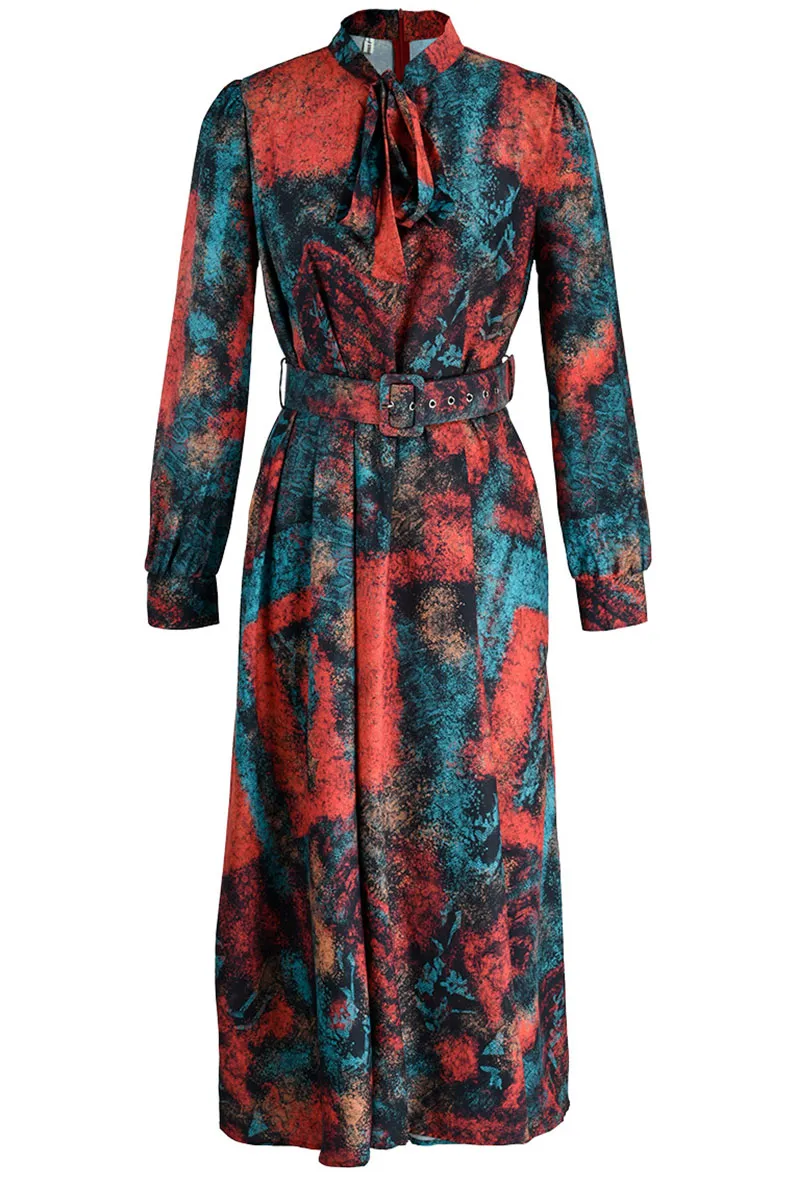 Red Elegant Print Patchwork With Belt O Neck A Line Dresses