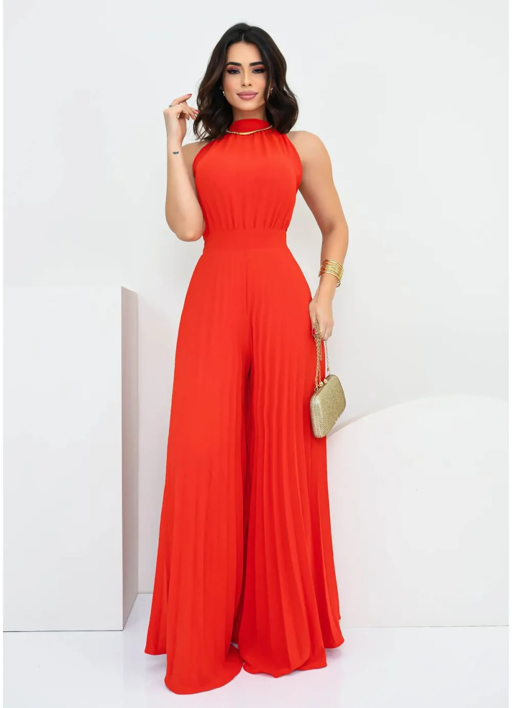 PLEATED WIDE LEG JUMPSUIT WITH TIE BACK