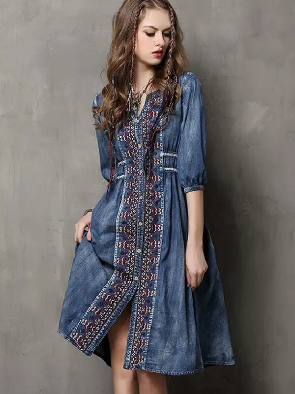 Vintage Oversize Embroidery Denim Dress