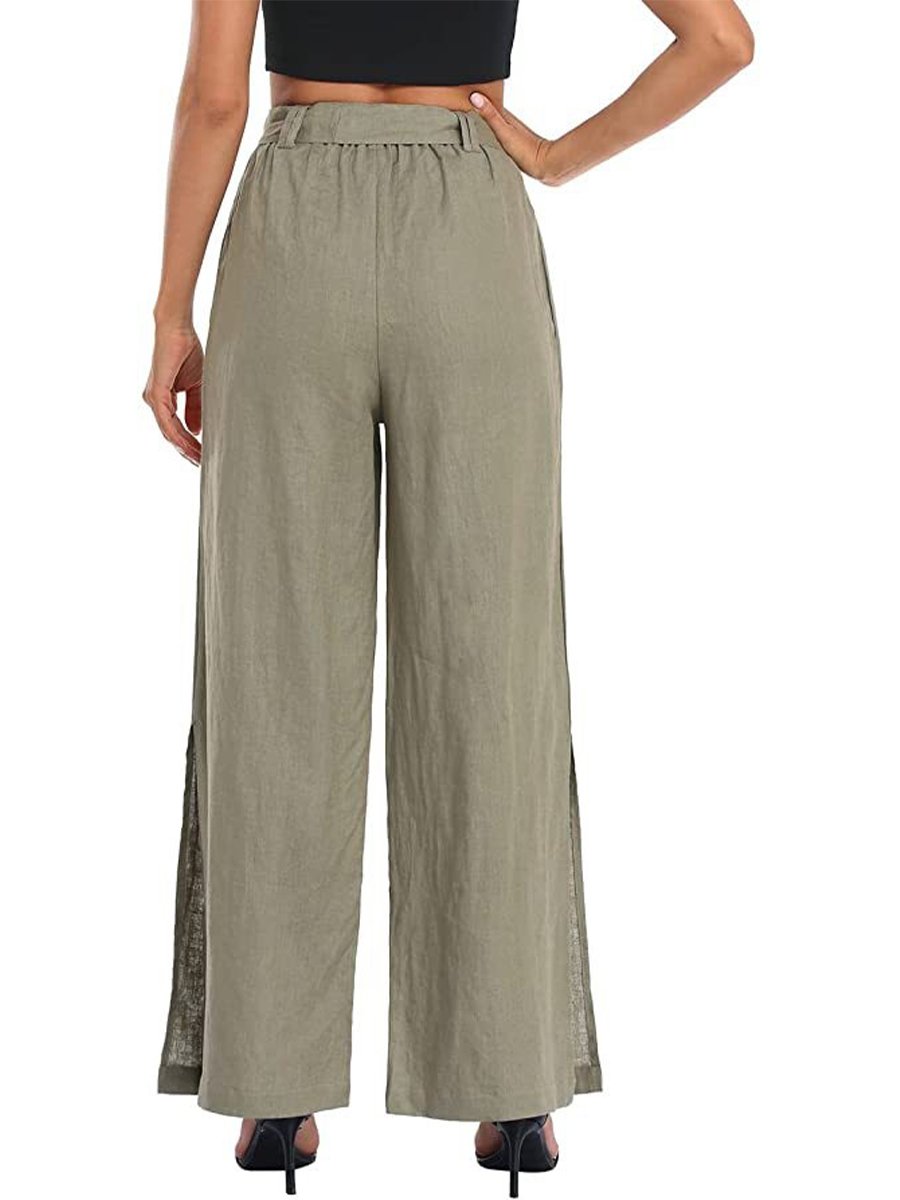 Women's Resort Style Solid Color Bow Knot Split Cotton Linen Wide Leg Pants