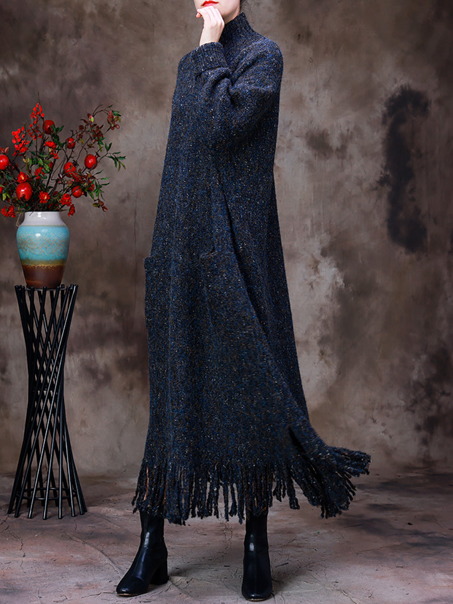 Winter Women Warm Wool Tassel Maxi Dress