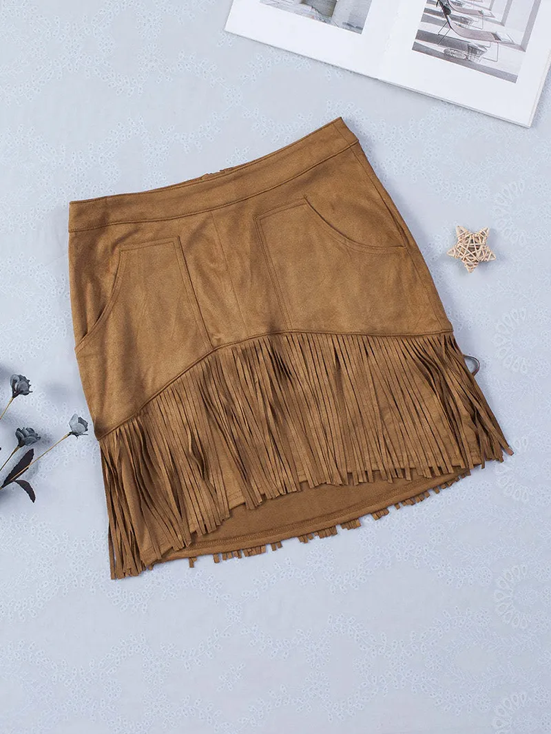 TASSEL ZIPPED POCKETS HIGH WAIST MINI SKIRT