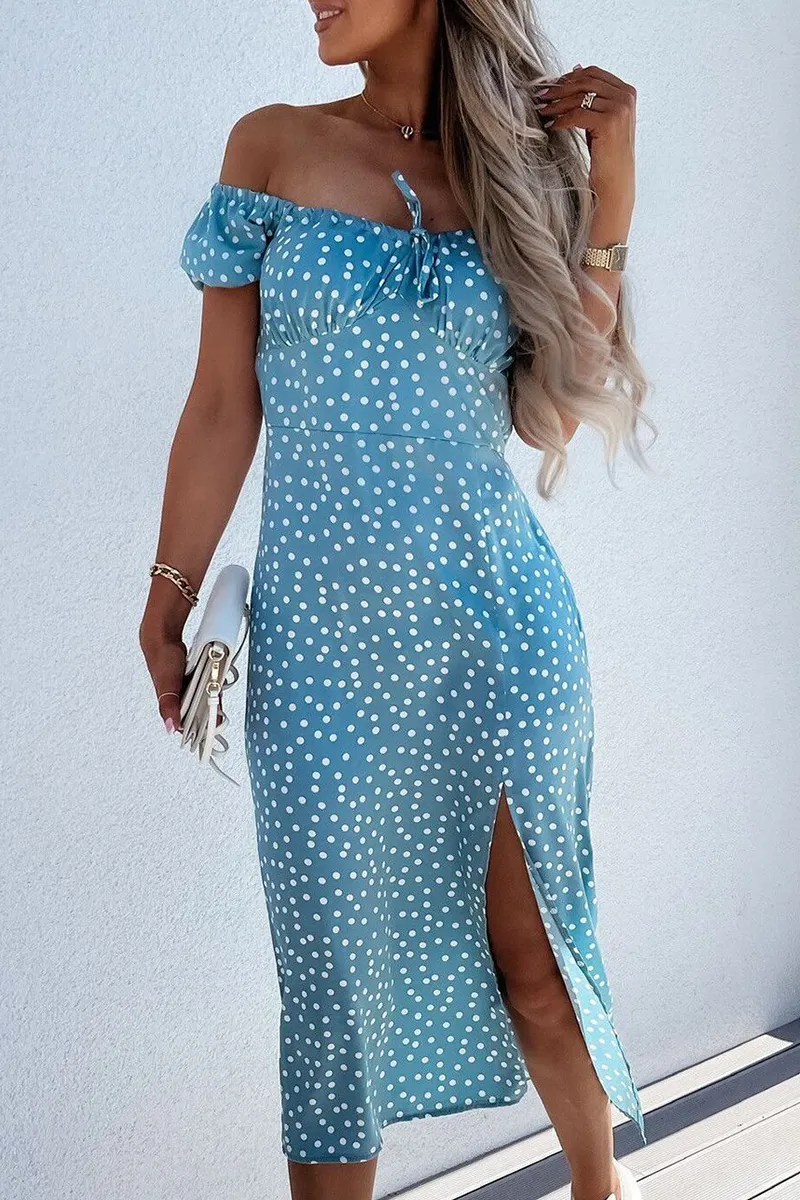 Fashion Elegant Floral Polka Dot Frenulum Slit Off The Shoulder A Line Dresses