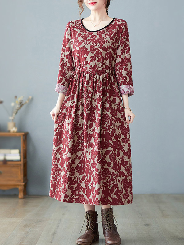 Artistic Retro Ramie Cotton Floral Printed Pleated Round-Neck Long Sleeves Midi Dress