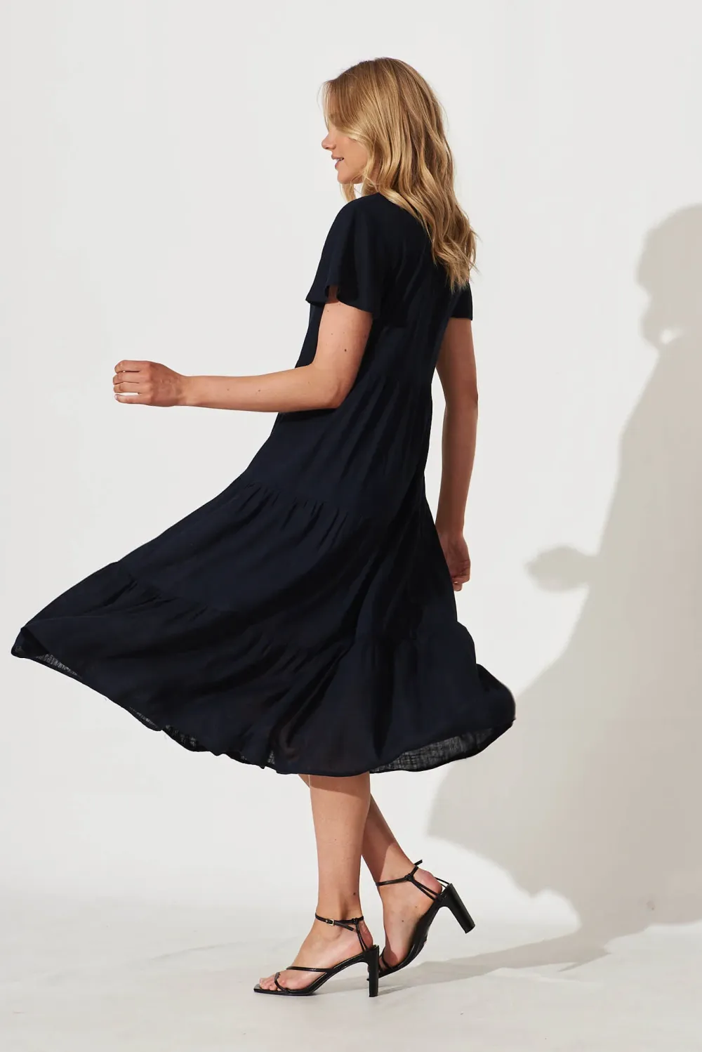 Marvela Midi Shirt Dress In Navy Linen Blend