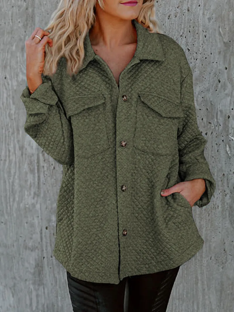 Green Retro Quilted Flap Pocket Button Shacket