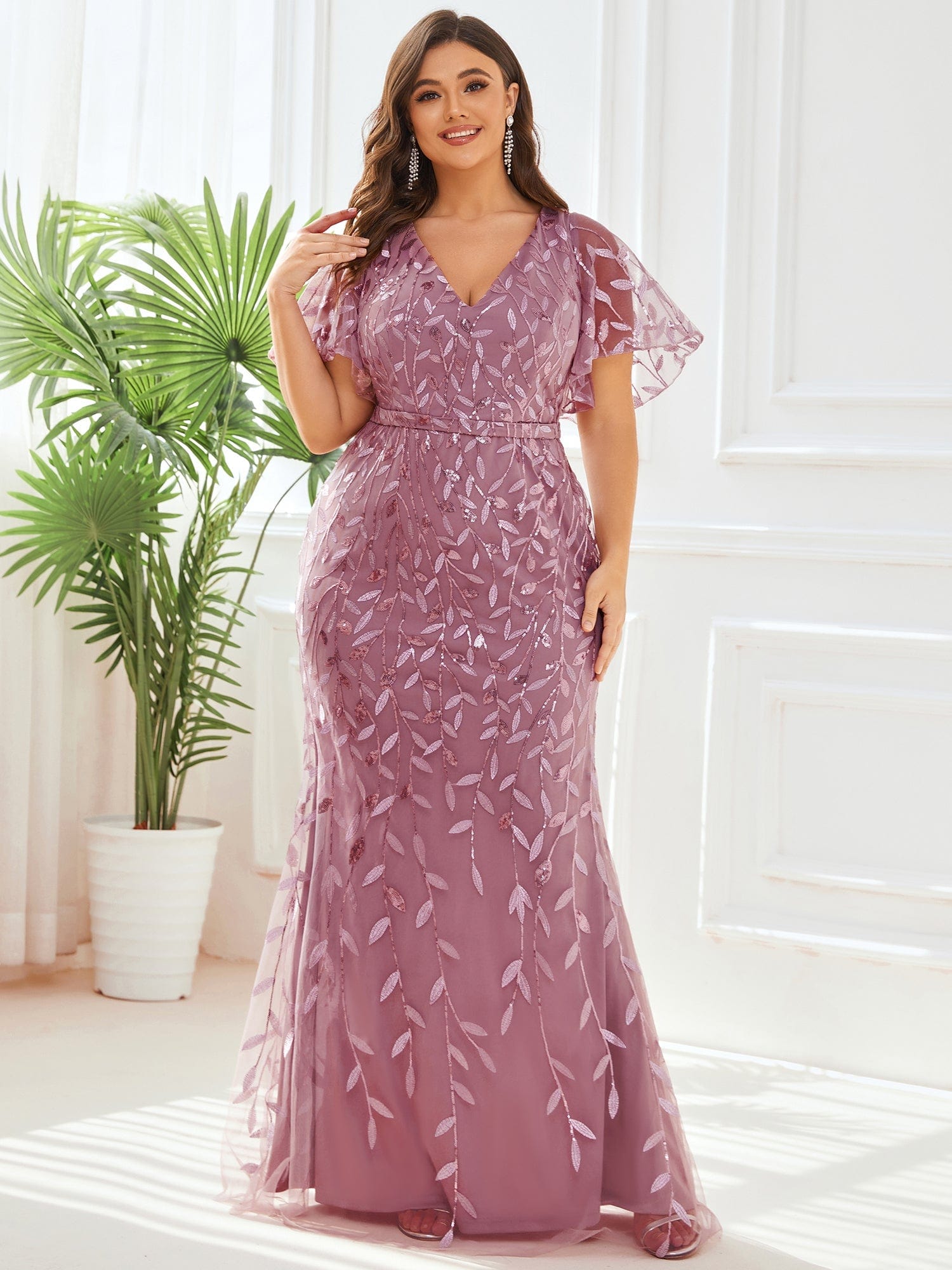 Fashion Plus Size Deep V Neck Wholesale Sequin & Tulle Evening Dress