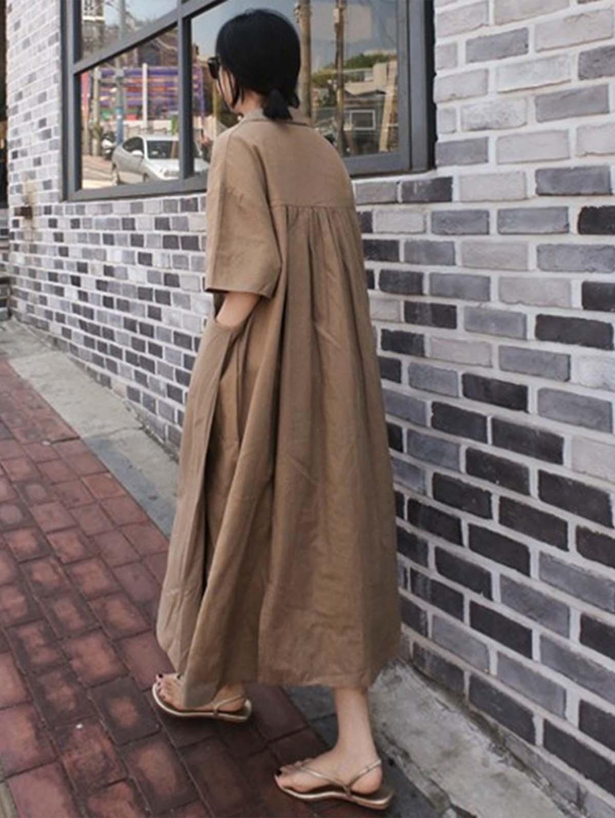 Women Solid Loose Maxi Dress with Pockets